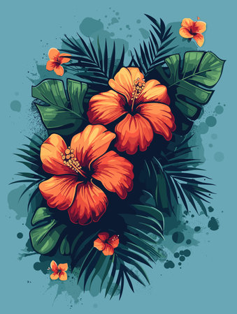 Tropical hawaiian background with flowers and leaves. Vector illustration.のイラスト素材