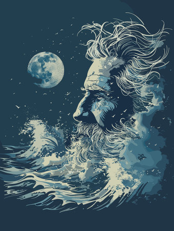 Vector illustration of a man with a beard in the sea and a full moonのイラスト素材