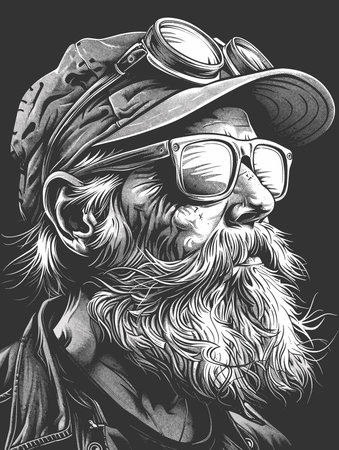 Portrait of Bearded pilot with glasses. Hand drawn vector illustration.のイラスト素材