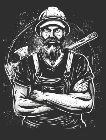 Vector illustration of lumberjack with ax in hand. Woodcut style.のイラスト素材