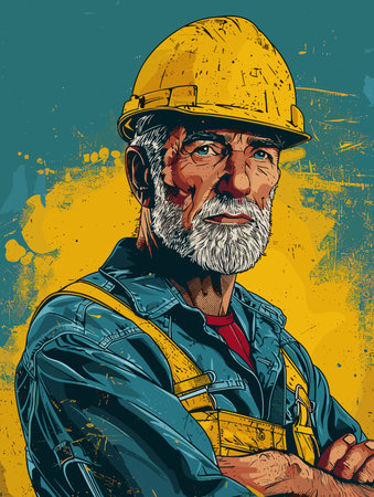 Worker in helmet and overalls. Vector illustration in retro style.