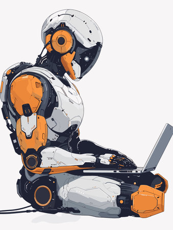 Vector illustration of a robot working on a laptop. Artificial intelligence.のイラスト素材