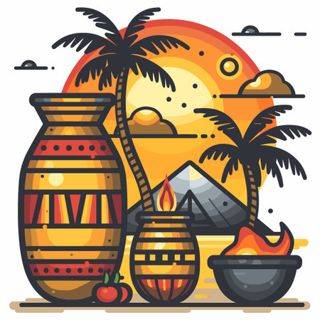 Flat design vector illustration of Indian vase, pottery, cauldron, palm tree, sun and sunset.のイラスト素材