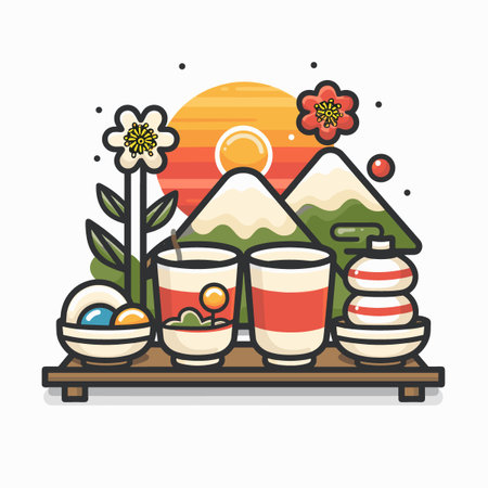 Illustration of sushi and rolls on wooden shelf. Vector illustration.のイラスト素材