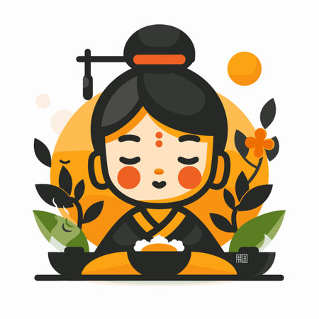 Japanese girl with a bowl of rice. Flat style vector illustration.のイラスト素材