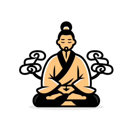 Japanese man meditating in lotus pose on white background. Vector illustration.のイラスト素材