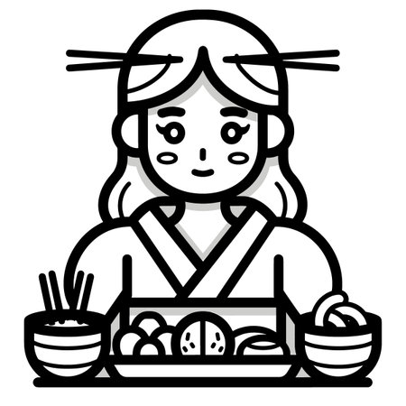 Japanese woman in kimono with chopsticks. Vector illustration.のイラスト素材