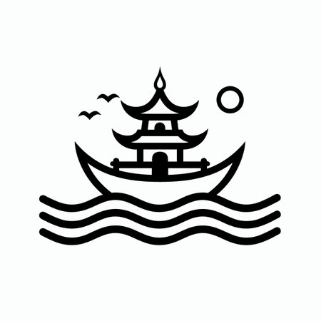 Chinese boat icon, concept illustration, outline symbol, vector sign, linear symbol.のイラスト素材