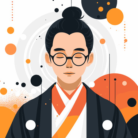 Young man in kimono and glasses. Vector illustration in flat style.のイラスト素材
