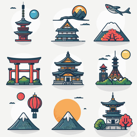Set of Japan travel icons. Vector illustration in flat style design.のイラスト素材