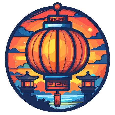 Illustration in the style of a circle with a lantern and a temple in the backgroundのイラスト素材