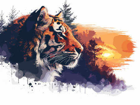 Tiger in the forest on a grunge background. Vector illustrationのイラスト素材