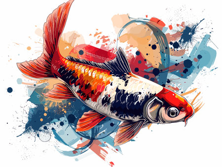 Vector illustration of a goldfish on a background of watercolor splashesのイラスト素材