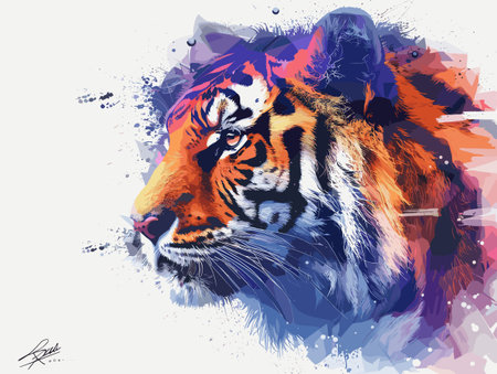 tiger portrait in colorful grunge watercolor background. vector illustrationのイラスト素材