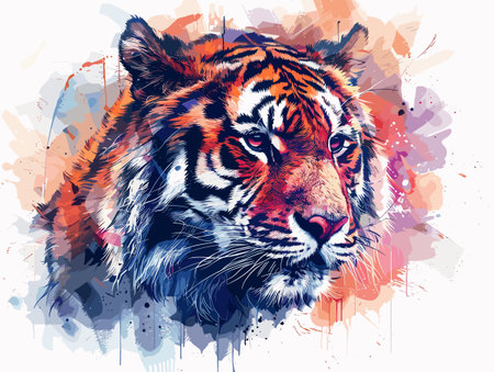 Tiger portrait on colorful watercolor background. Hand drawn vector illustration.のイラスト素材