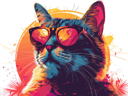 Cute cat with sunglasses. Vector illustration. Grunge style.
