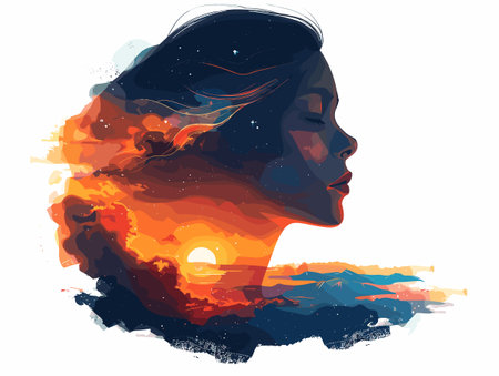 Silhouette of a beautiful woman with a flowing hair. Vector illustrationのイラスト素材