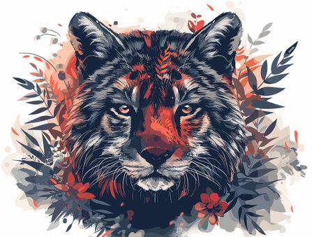 Tiger portrait with floral background. Vector illustration for your design.のイラスト素材