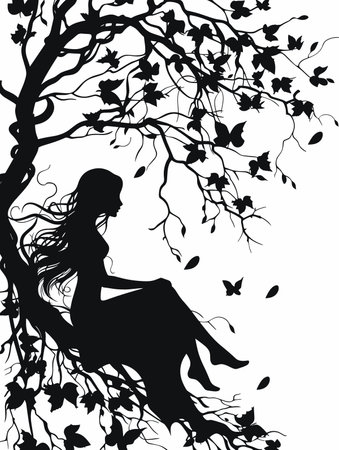 Silhouette of a beautiful girl sitting on a tree branch.のイラスト素材