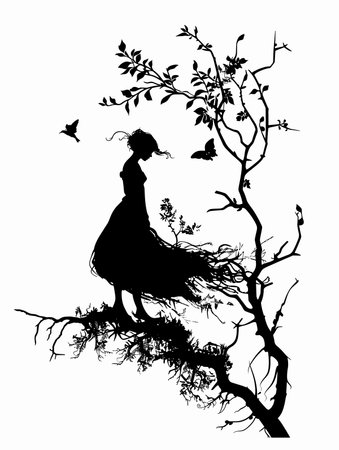 Silhouette of a girl in a long dress and a bird on a white backgroundのイラスト素材