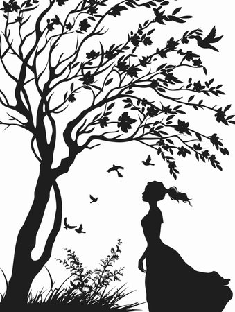 silhouette of a girl in a dress on a background of treesのイラスト素材