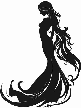 Black and White Silhouette of Beautiful Woman Vector Illustration.のイラスト素材