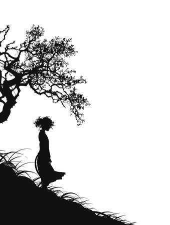 Silhouette of a woman sitting on a hill with a tree.のイラスト素材