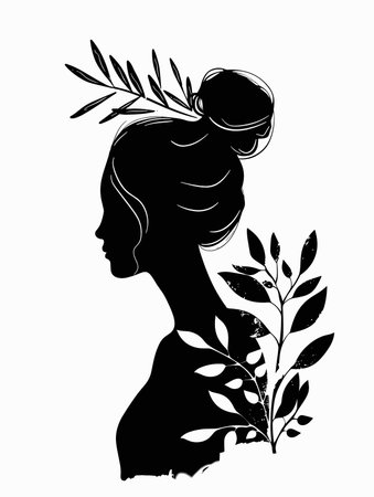 Silhouette of the head of a beautiful girl with a flower in her hair.のイラスト素材