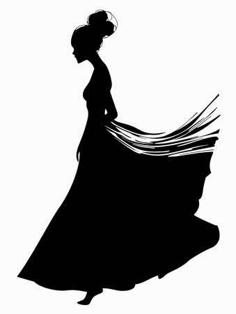 Silhouette of a beautiful woman in a long dress on a white backgroundのイラスト素材