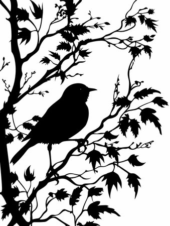 Black silhouette of a bird sitting on a tree branch. Vector illustration.のイラスト素材