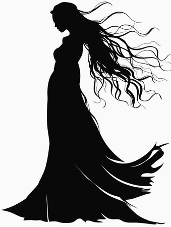 Silhouette of a beautiful girl in a long dress. Vector illustrationのイラスト素材