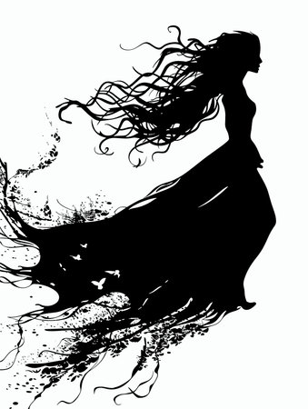 Silhouette of a beautiful woman in a long dress with long hairのイラスト素材