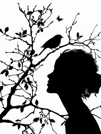 silhouette of a girl with a bird on a white backgroundのイラスト素材