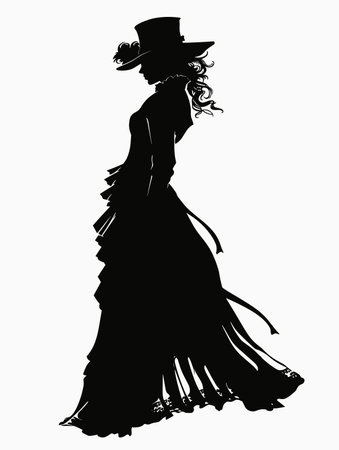silhouette of a beautiful girl in a hat and a long dressのイラスト素材
