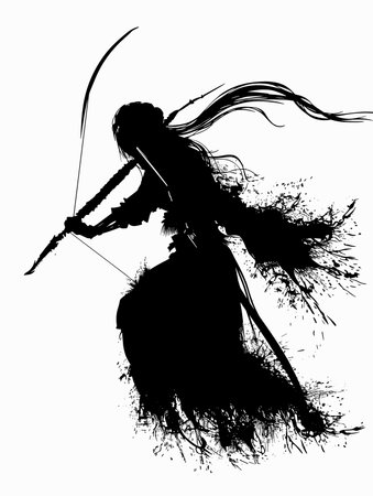 Silhouette of a girl with bow and arrow on a white backgroundのイラスト素材
