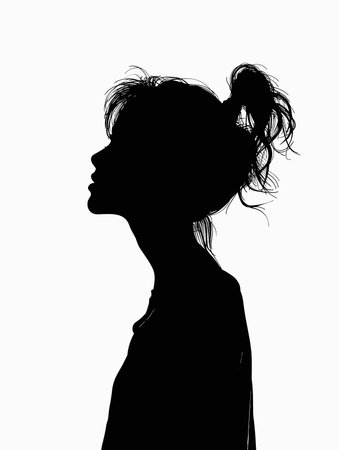 Woman's silhouette is shown with her hair in a ponytail. The image is black and white, giving it a classic and timeless feel.のイラスト素材