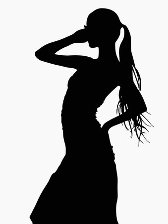 Woman's silhouette is shown with her hair in a ponytail. The image is black and white, giving it a classic and timeless feel.のイラスト素材