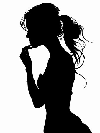 Woman's silhouette is shown with her hair in a ponytail. The image is black and white, giving it a classic and timeless feel.のイラスト素材
