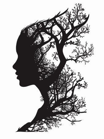 silhouette of a woman with a tree in her hair.のイラスト素材