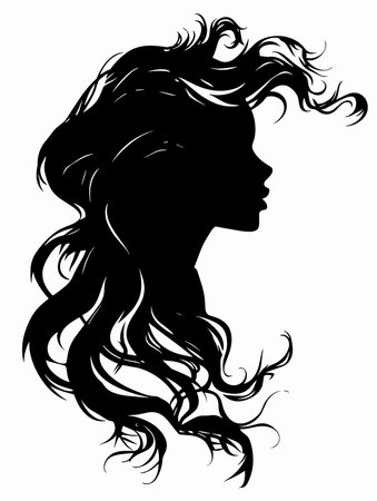 beautiful girl with long hair in profile, black and white vector illustrationのイラスト素材