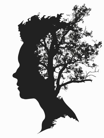 Silhouette of a woman's head with a tree in her hair.のイラスト素材