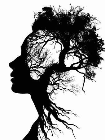 Silhouette of a woman with a tree in her hair.のイラスト素材
