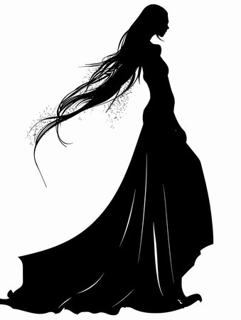 silhouette of a girl in a long dress on a white backgroundのイラスト素材