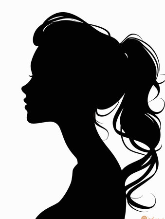 Woman's silhouette is shown with her hair in a ponytail. The image is black and white, giving it a classic and timeless feel.のイラスト素材