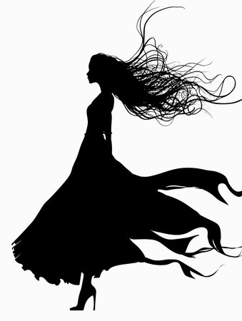 Silhouette of a girl in a long dress dancing on a white backgroundのイラスト素材