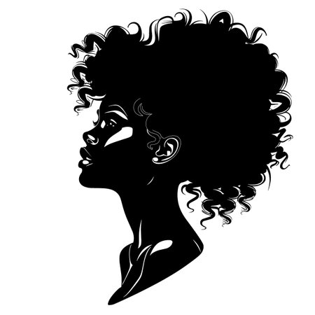Woman with curly hair is shown in a black and white drawing. The drawing is of a woman with a headshot, and the hair is styled in a way that makes it look like it is in a bunのイラスト素材