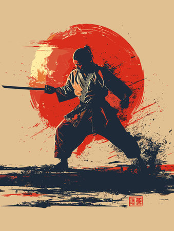 Man in a karate uniform is standing in front of a red sun. The man is pointing to the sun, and the image has a sense of motion and energyのイラスト素材