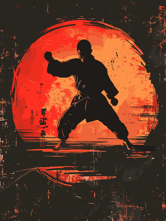 Man in a karate uniform is standing in front of a red sun. The man is pointing to the sun, and the image has a sense of motion and energyのイラスト素材
