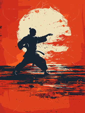 Man in a karate uniform is standing in front of a red sun. The man is pointing to the sun, and the image has a sense of motion and energyのイラスト素材