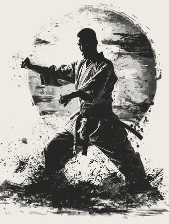 Man in a white uniform is practicing karate. The image has a dark and moody feel to it, with the man's movements and the background creating a sense of intensity and focusのイラスト素材